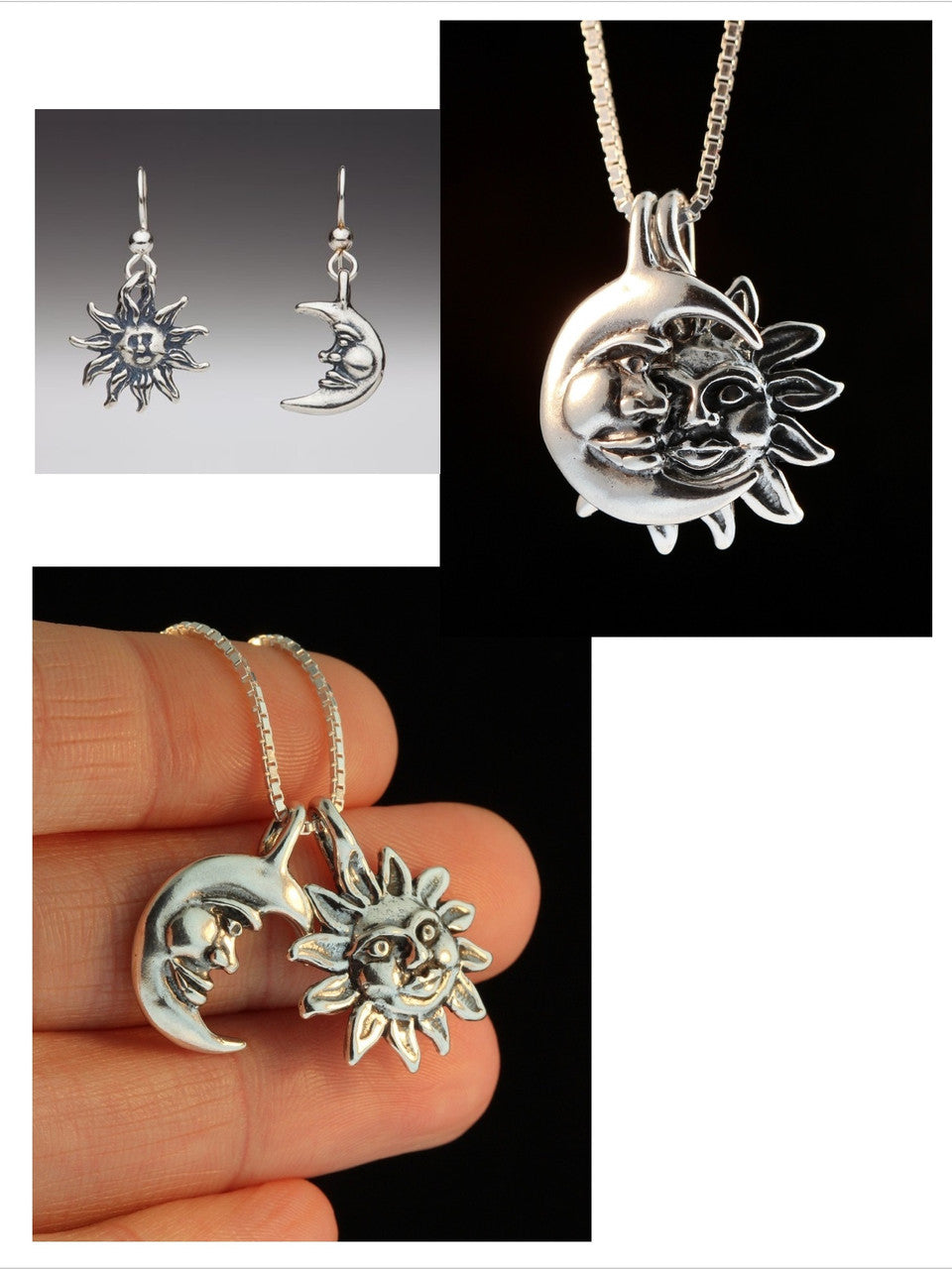 Celestial Jewelry Set - Eclipse Necklace and Sun Moon Earrings - Silver