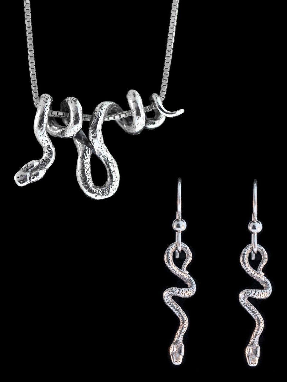 Vine Snake Jewelry Set - Vine Snake Pendant and Tiny Jungle Jewel Earrings