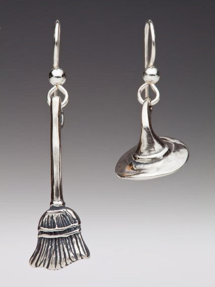 Sterling Silver Witch Hat and Broomstick Earrings